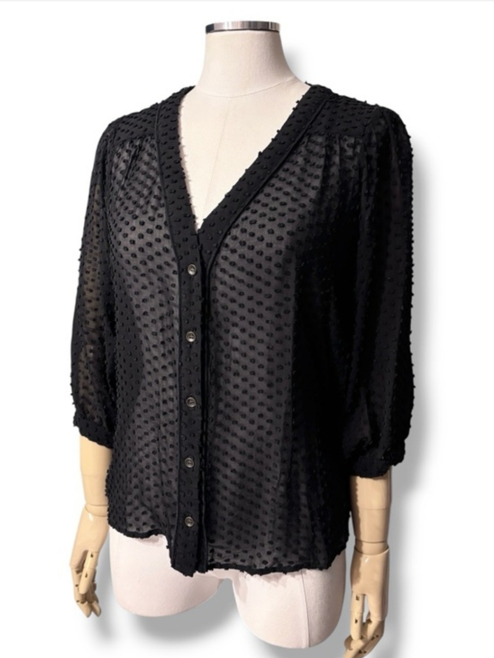 BEYOND VINTAGE Sheer Silk Swiss Dot Button Front V Neck Dolman Sleeve Blouse